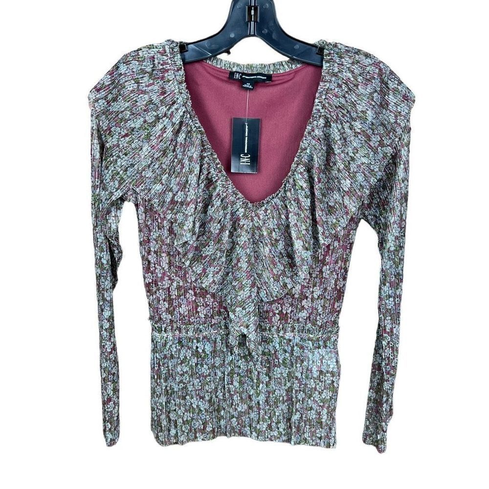 INC International Concepts Blouse V Neck Green White Red Metallic Ruffled XS